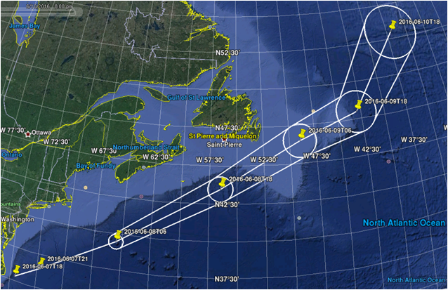 Example of hurricane forecast cone based on NOAA provided information and used by Sentinel-1 Mission Planning team