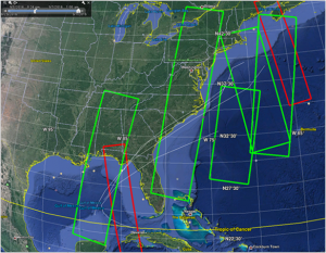 All S1 acquired acquisitions over Hurricane Hermine (green for Extended Wide mode, red for Interferometric Wide mode) with successive forecast trajectories.