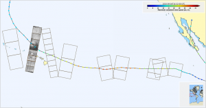 Sentinel-1A acquisition over Lester along its path. Color-coded tracks indicate maximum sustained wind speeds measured along hurricane path. 